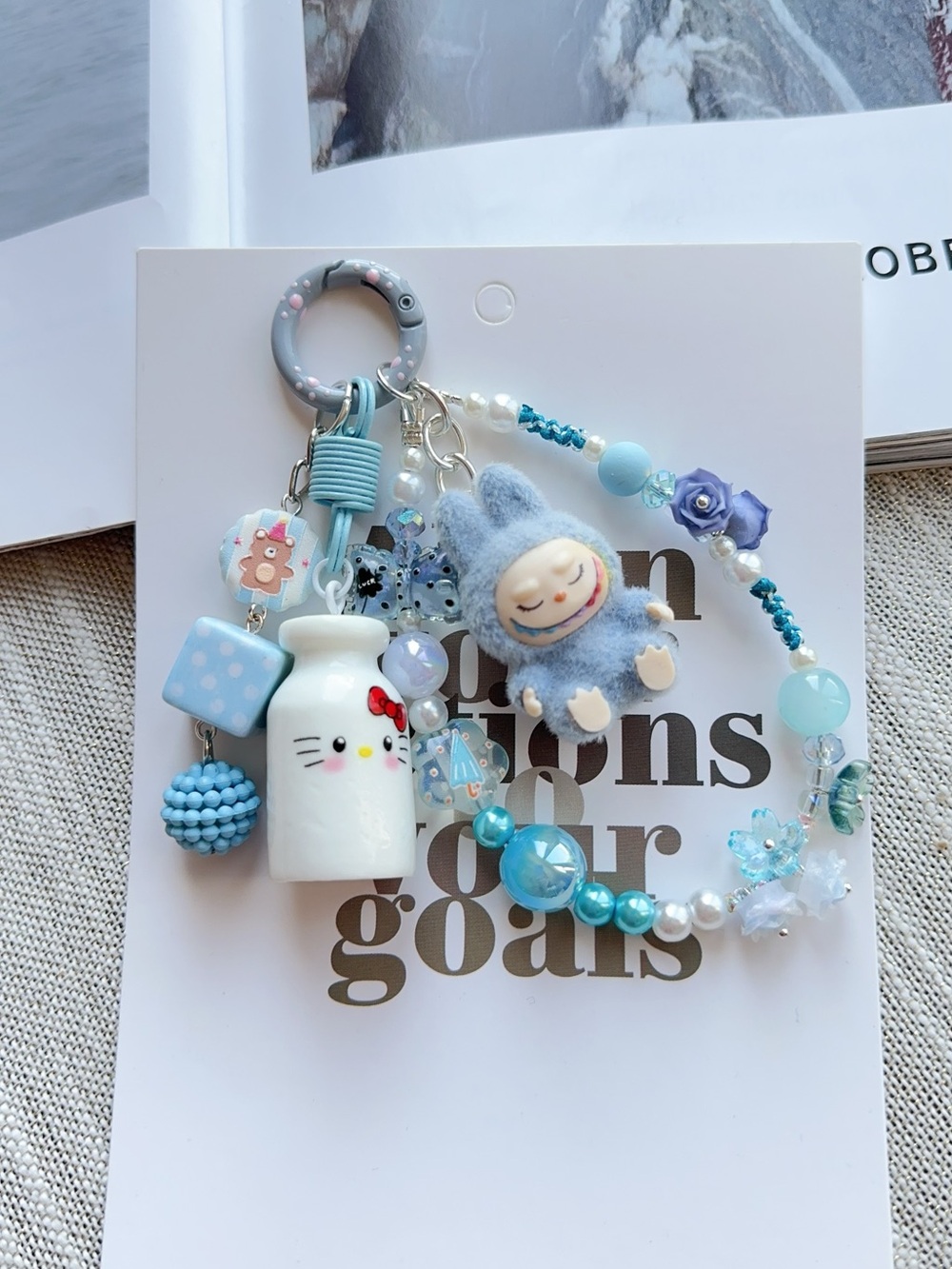Cute Blue Hello Kitty Milk Bottle & La bubu Charm Keychain